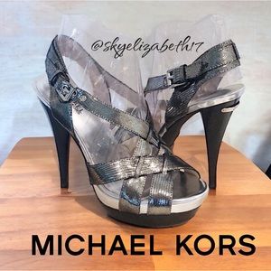 Michael Kors Metallic Embossed Leather Criss-Cross Strappy Platform Heel, 8.5
